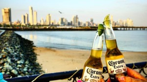 Coronas with a view of downtown Panama City.