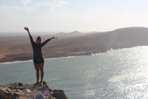 A top of a view point overlooking the ocean and the mainland.