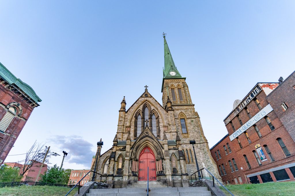 An elaborate green-steepled church in Saint John, New Brunswick.